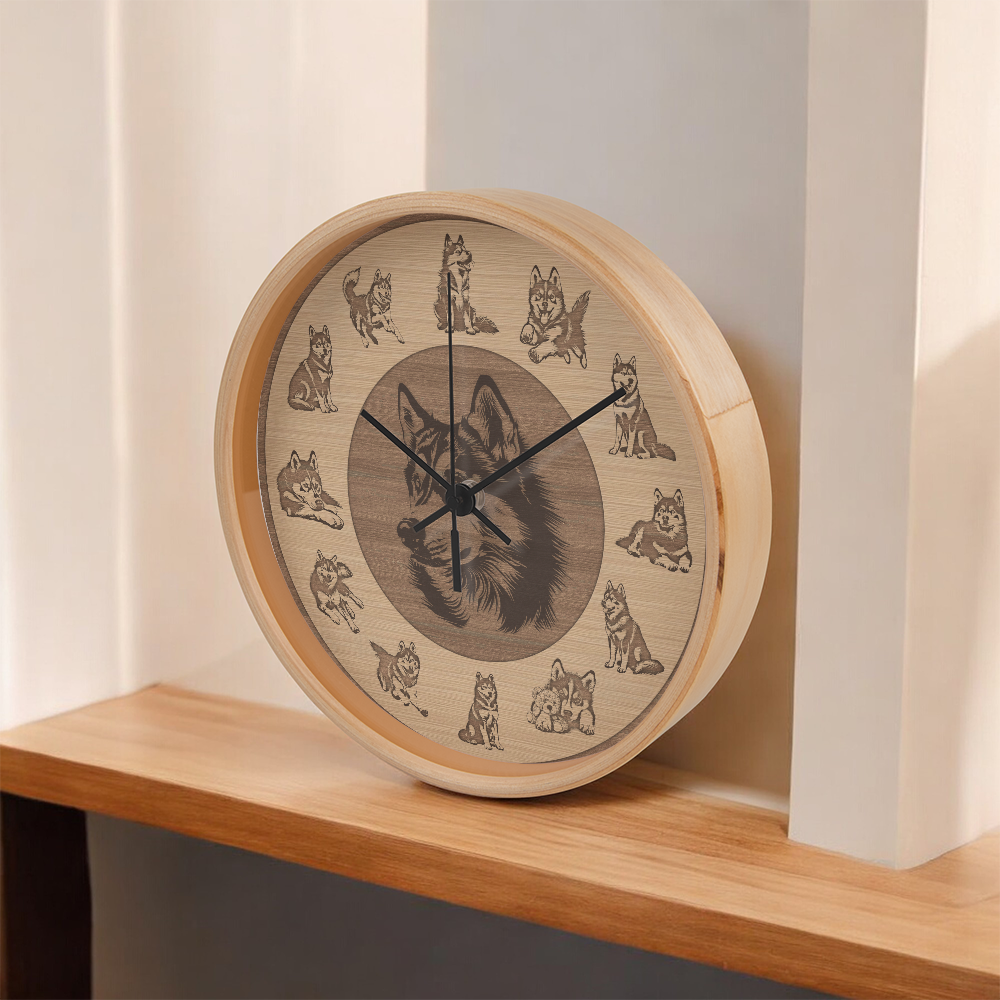 Husky Wooden Frame Wall Clock - Rustic Brown Silhouette, 10 Inch Quartz, Eco-Friendly Dog Gift, Farmhouse Pet Decor Gift, Pet Lover Art