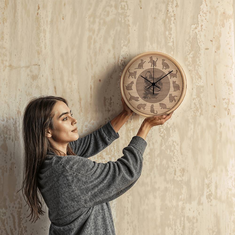 Perfect Wood Frame 10" Wall Clock - Great Gift for Cat Lovers Animal Lovers Pet Rescuers, Mother Day, Father Day or Any Special Occasion.