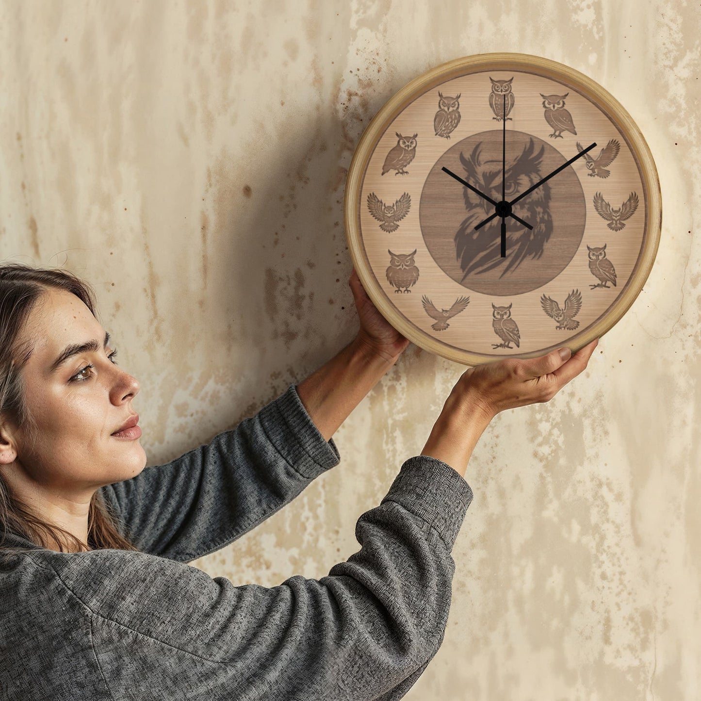 Wooden Owl Wall Clock - Rustic Wall Art, 10in Quartz, Owl Lover Gift, Farmhouse Decor, Cute Animal Accent
