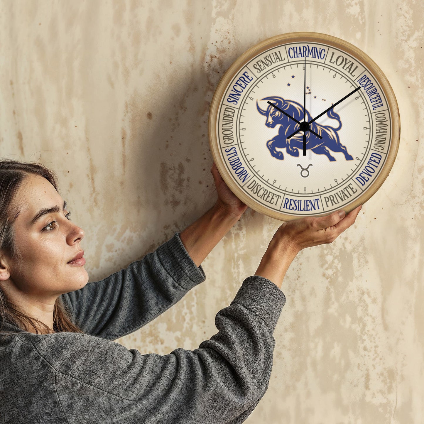 Taurus Wood Frame 10” Wall Clock - Astrology Wall Art, Taurus Lover Gift, Zodiac Decor, Taurus Constellation