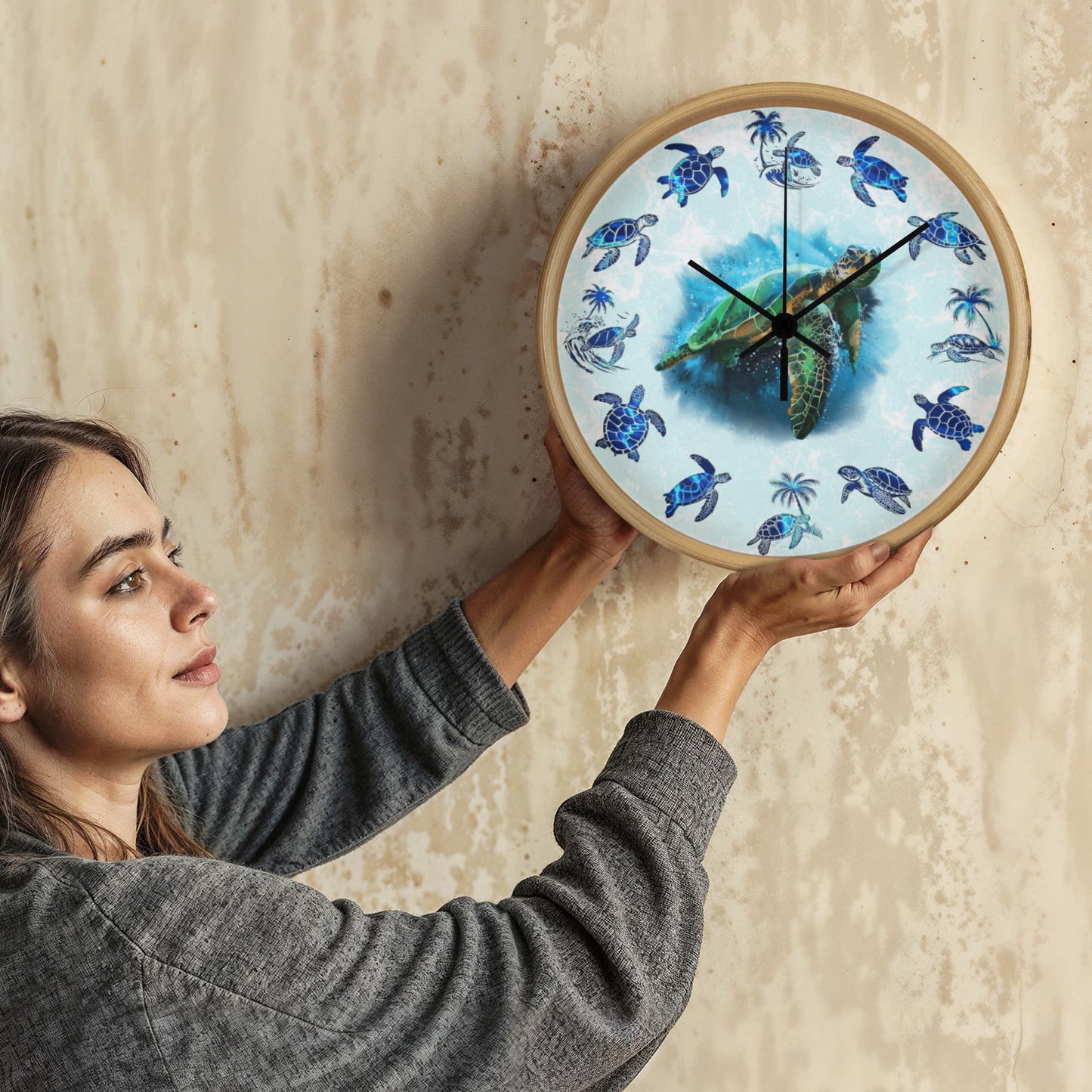 Wooden Sea Turtle Wall Clock - Rustic Wall Art, 10in Quartz, Turtle Lover Gift, Coastal Decor, Ocean Accent