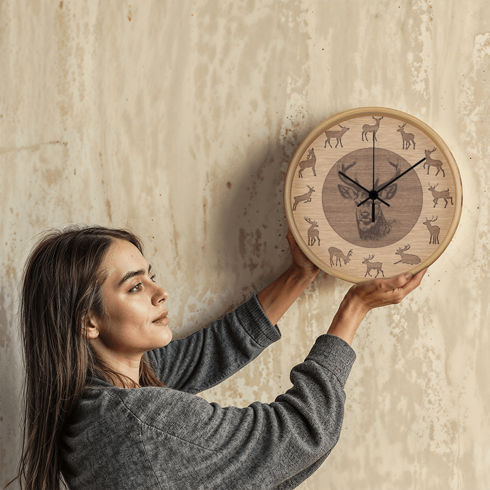 Wooden Frame Deer Wall Clock - Rustic Wall Art, 10in Quartz, Wildlife Gift, Farmhouse Decor, Nature Lover Cabin Accent for Home