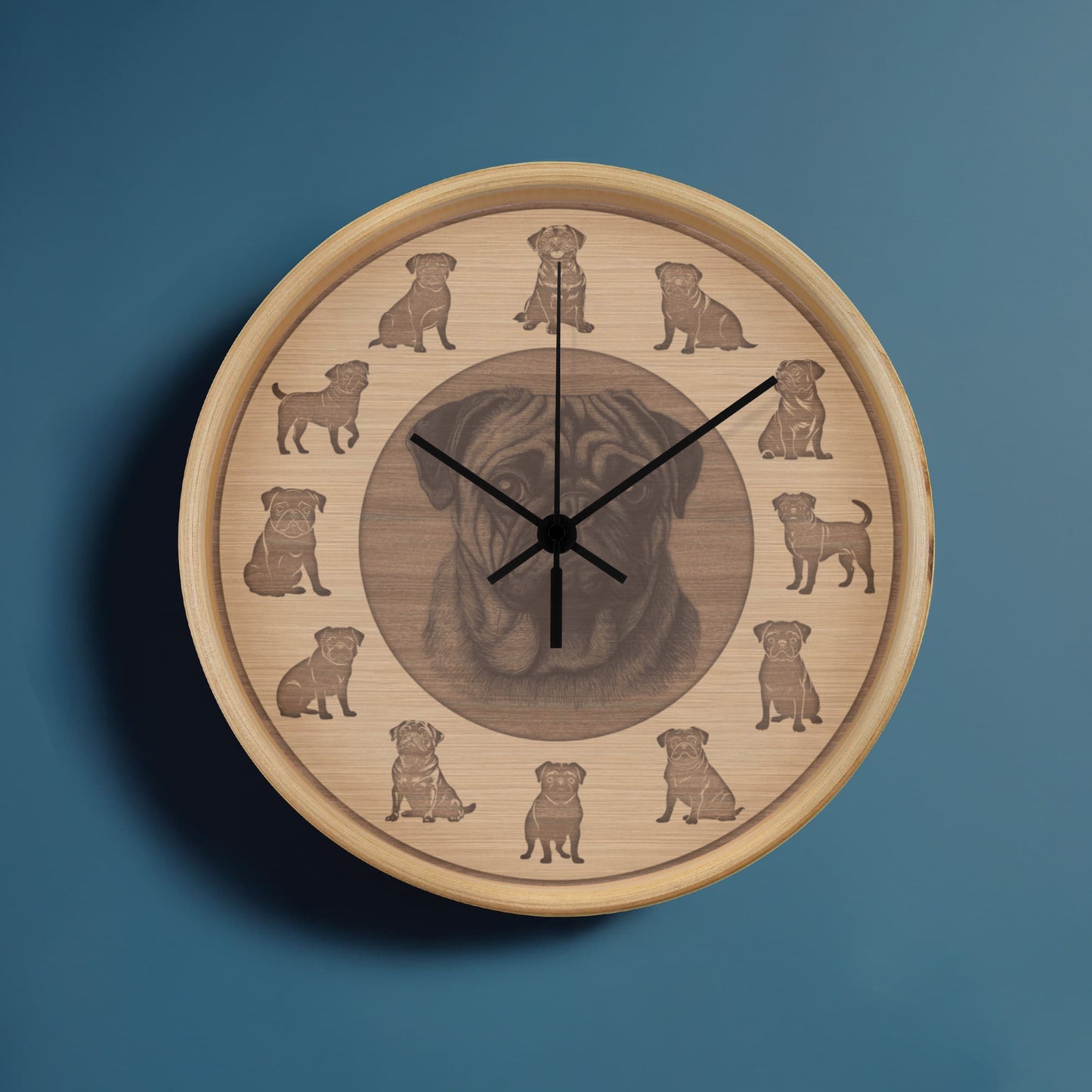 Wooden Pug Wall Clock - Rustic Wall Art, 10in Quartz, Dog Lover Gift, Farmhouse Decor, Cute Pet Accent for Home