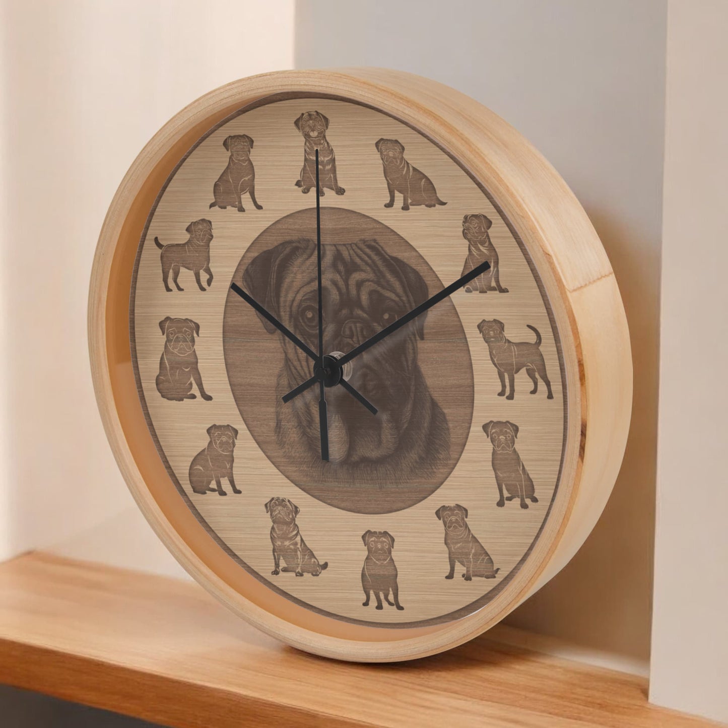 Wooden Pug Wall Clock - Rustic Wall Art, 10in Quartz, Dog Lover Gift, Farmhouse Decor, Cute Pet Accent for Home
