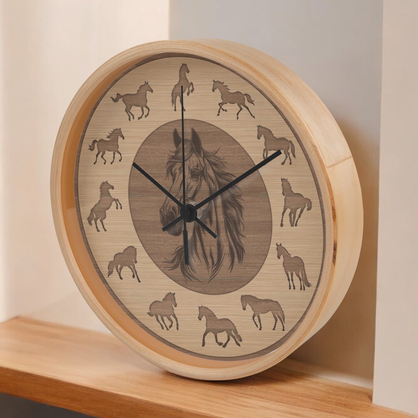 Wooden Horse Wall Clock - Rustic Wall Art, 10in Quartz, Horse Lover Gift, Farmhouse Decor, Cute Animal Accent