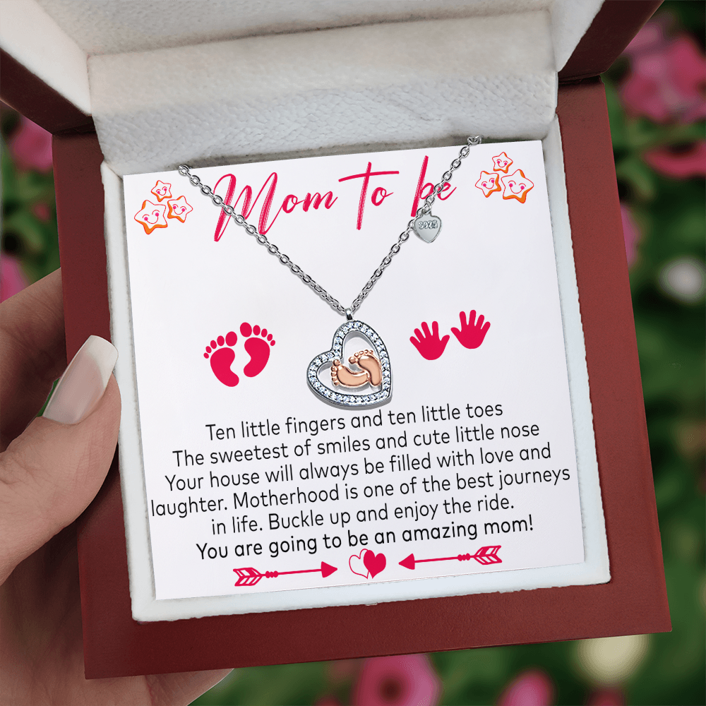 To Be Necklace Baby Shower Gift Baby Feet Heart Necklace Sterling Silver Pregnancy Announcement Gift For New Mom