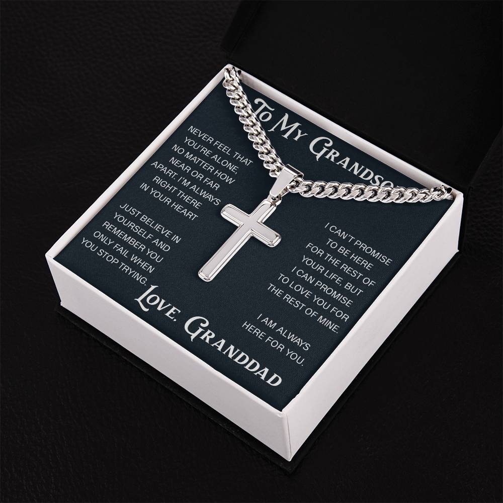 To My Grandson Artisan Cross with Cuban Link Chain - Christian Faith Gift From Granddad Inspirational Jewelry