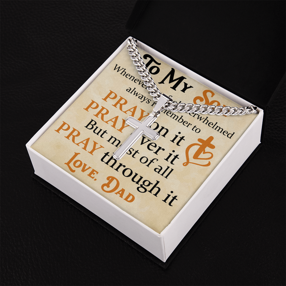 Product Image To My Son Bracelet from Dad, Pray on It, Pray Over It, But Most of All Pray Through It, Artisan Cross with Cuban Link Chain