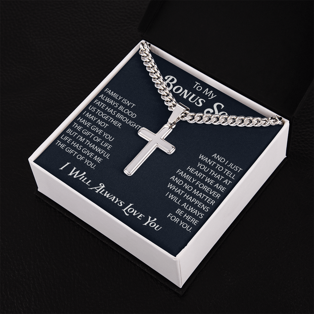 Gift For Bonus Son Cuban Chain with Artisan Cross Necklace From Mom Dad, Bonus Son Necklaces Gift