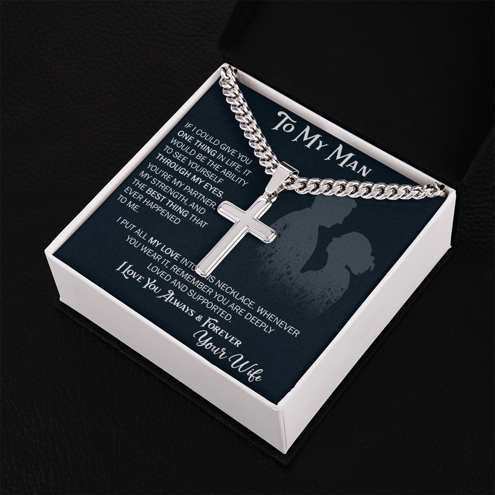 To My Husband Artisan Cross with Cuban Link Chain From Wife – Valentines Day Gifts for Her with Heartfelt Message Card, Premium Gold-Plated Wife Jewelry in Elegant Box
