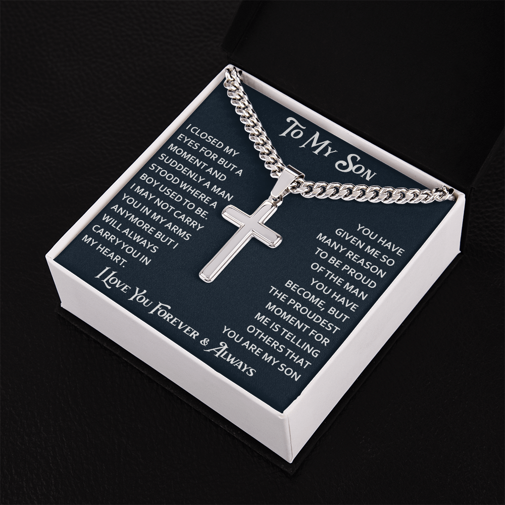 To My Son Artisan Cross with Cuban Link Chain - Birthday Gift from Dad Father Heartfelt Jewelry Gifts