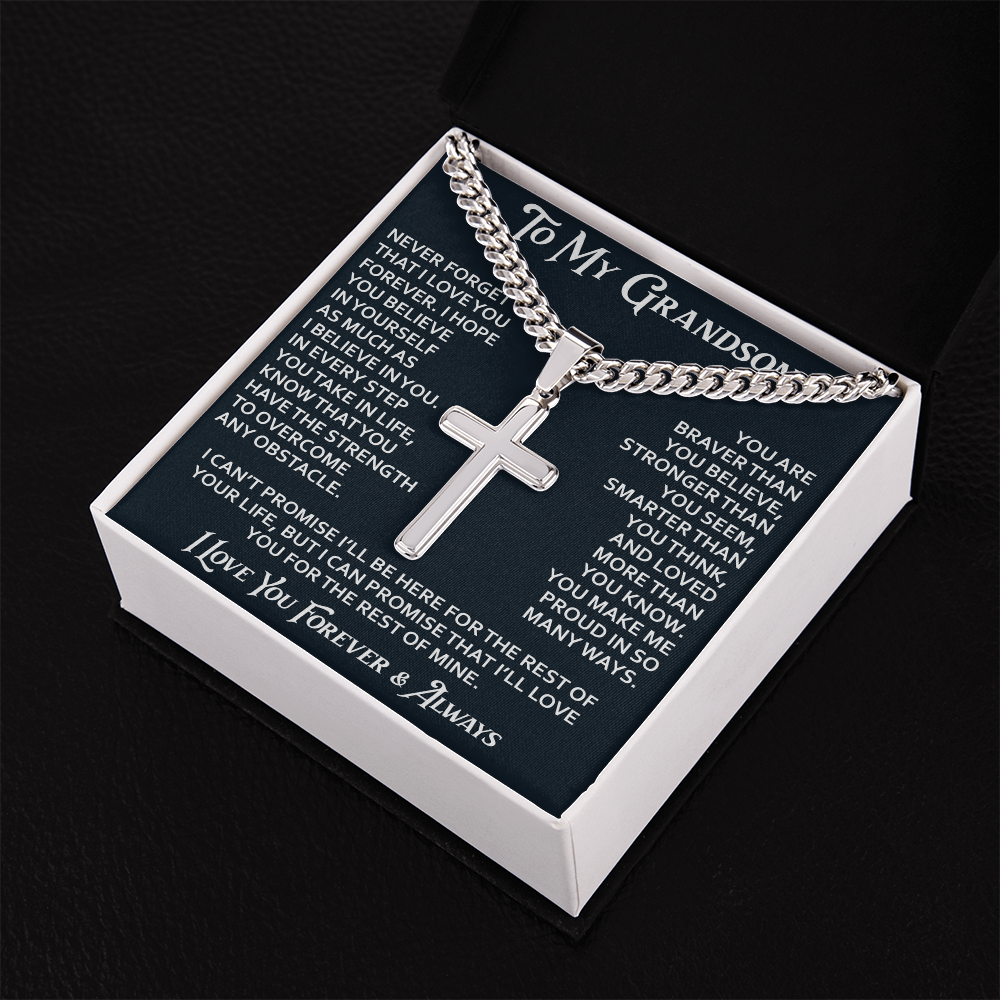 To My Grandson Artisan Cross with Cuban Link Chain - Christian Faith Gifts From Grandpa Inspirational Jewelry