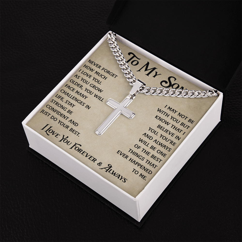 To My Son Artisan Cross with Cuban Link Chain - Heartfelt Jewelry Gifts from Dad Father for Birthday Back to School or Special Occasion