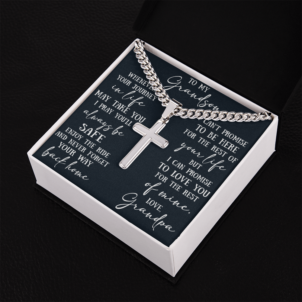 To My Grandson Artisan Cross with Cuban Link Chain - Christian Faith Gift From Grandpa Inspirational Jewelry