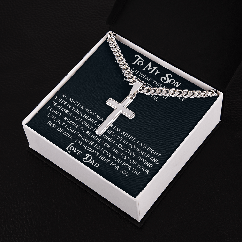 To My Son Artisan Cross with Cuban Link Chain from Dad Father, Christian Faith Religious Gift For Birthday, X-mas or Special Occasion