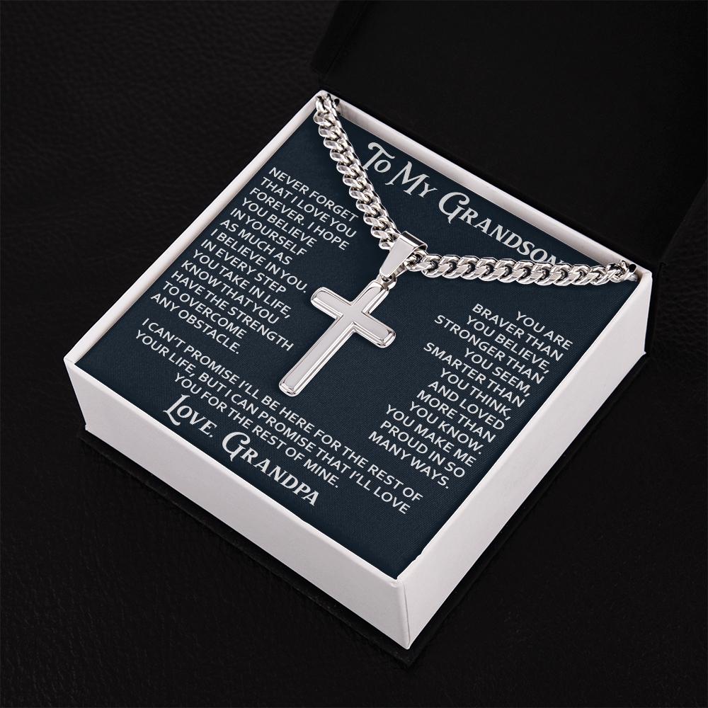 To My Grandson Artisan Cross with Cuban Link Chain - Christian Faith Gift From Grandpa Inspirational Jewelry