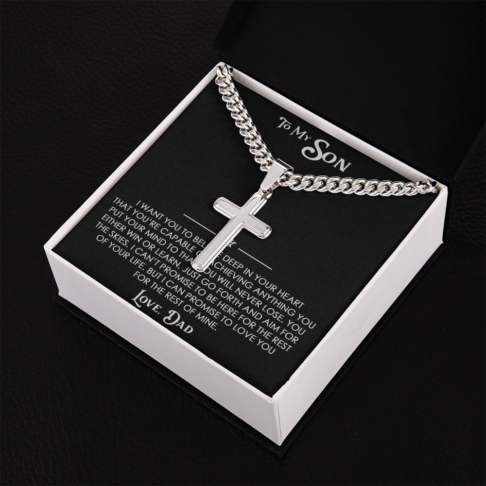 To My Son Gift From Dad - Artisan Cross with Cuban Link Chain For Children, Faith Gift for any Occasion