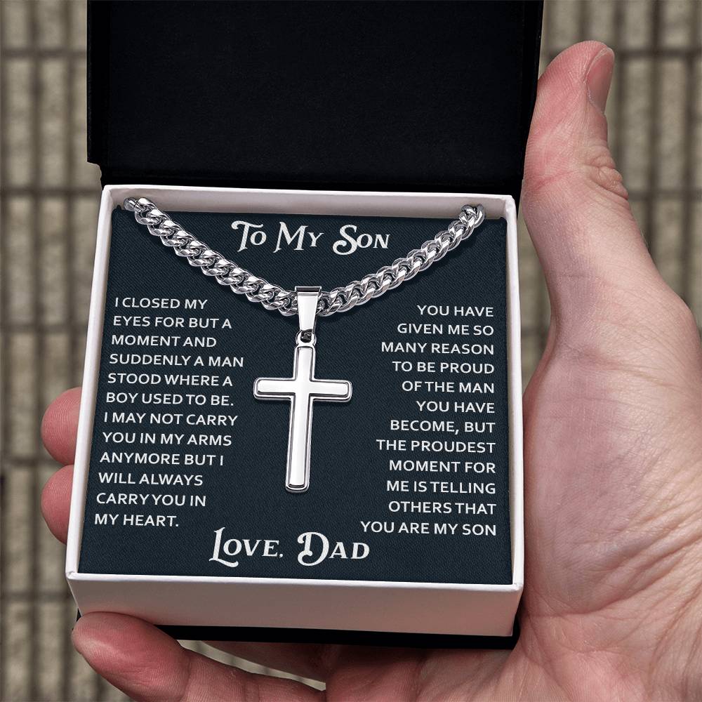 To My Son Artisan Cross with Cuban Link Chain for Birthday Back to School Christmas Gift from Dad Father Heartfelt Jewelry Present