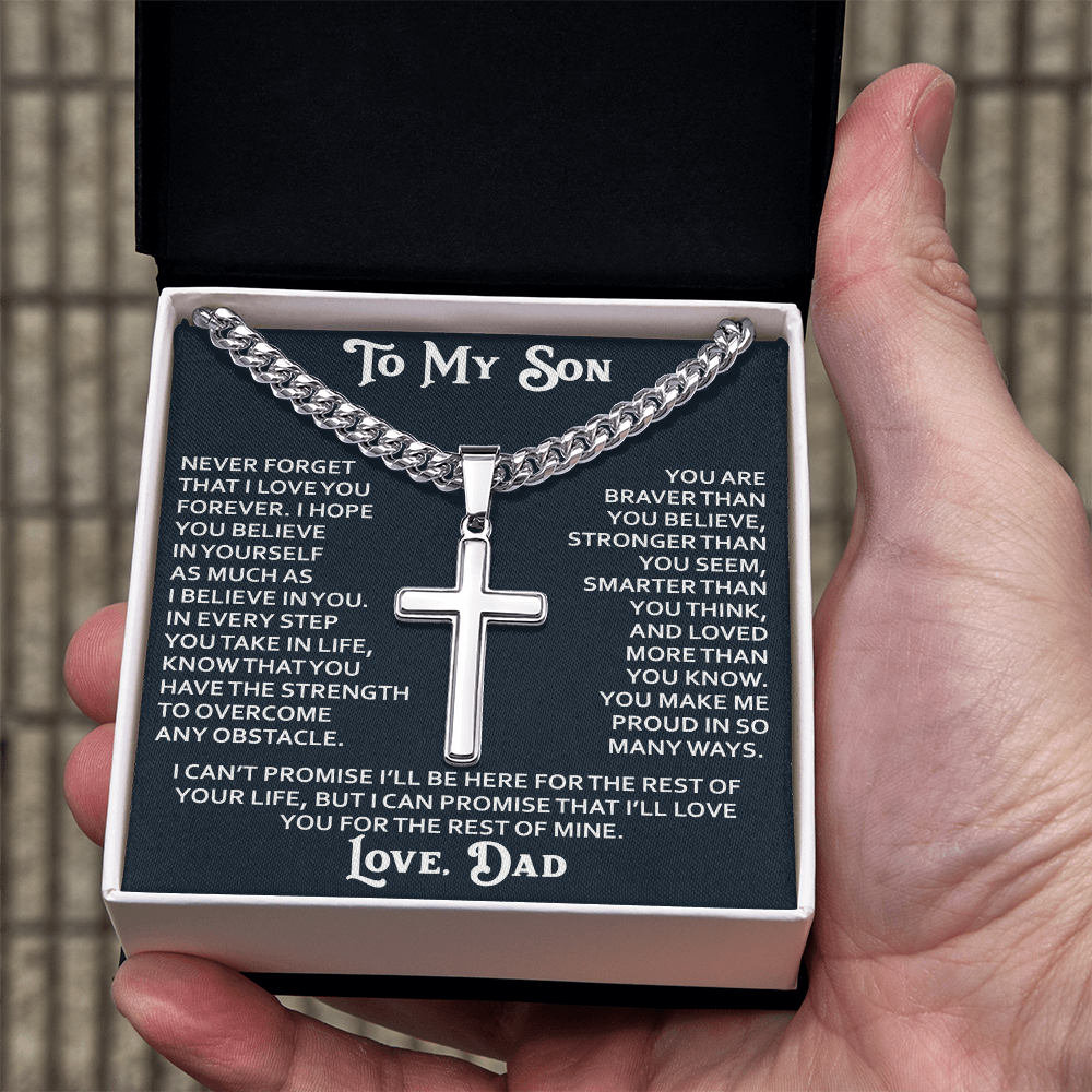 To My Son Artisan Cross with Cuban Link Chain - Birthday Gift from Dad Father Heartfelt Jewelry