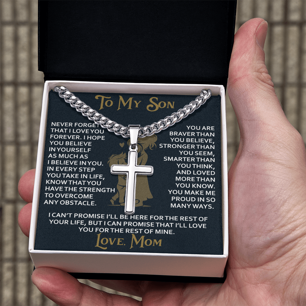 To My Daughter Gift From Mom Mama Mother - Artisan Cross with Cuban Link Chain for Birthday Christmas Back to School or Special Occasion