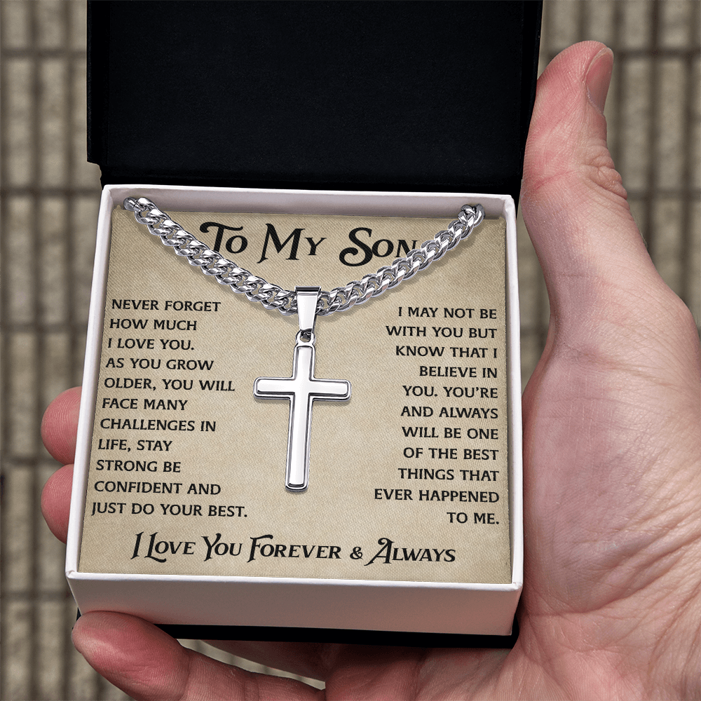 To My Son Artisan Cross with Cuban Link Chain - Heartfelt Jewelry Gifts from Dad Father for Birthday Back to School or Special Occasion
