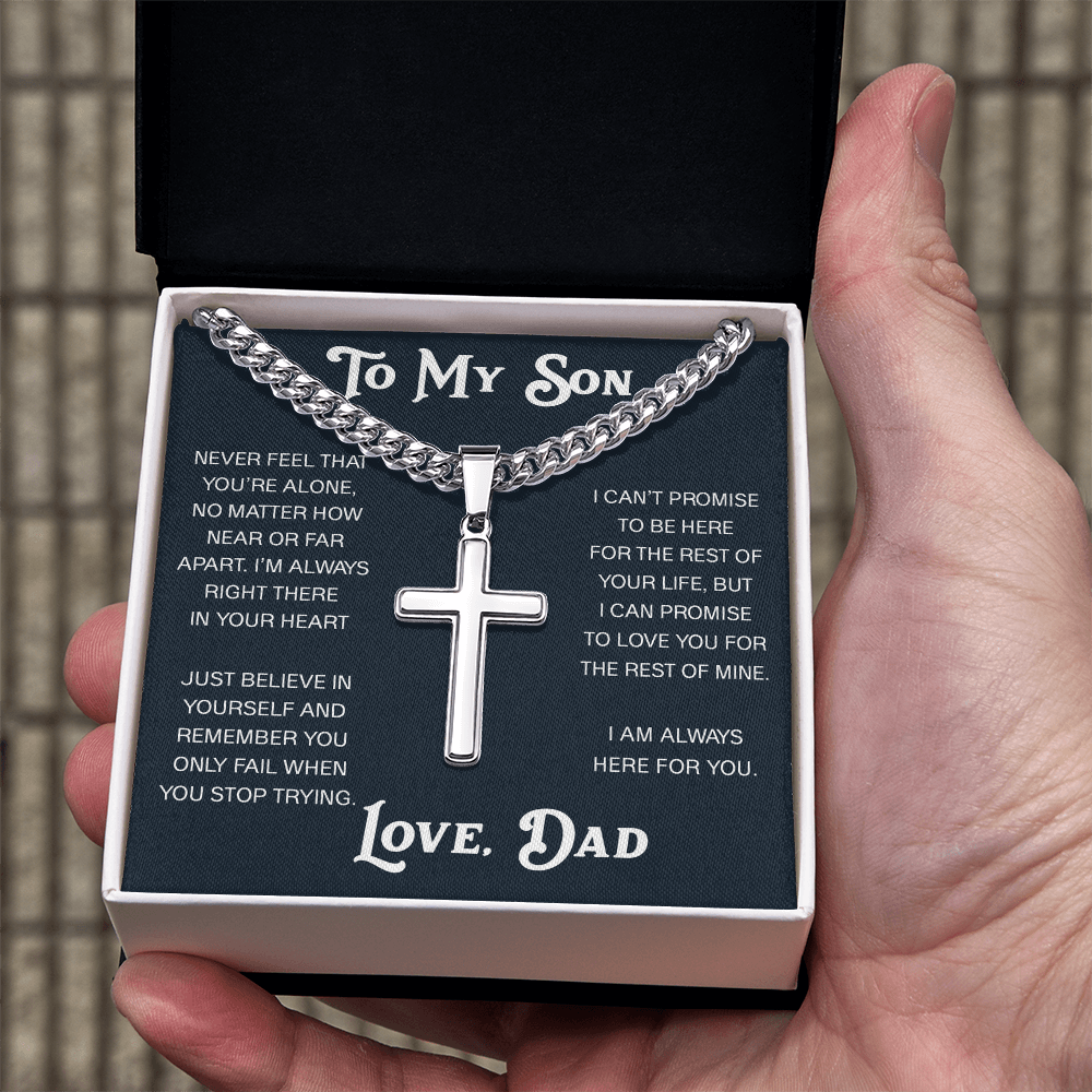 To My Son Artisan Cross with Cuban Link Chain - Christian Faith Gift From Dad Inspirational Jewelry