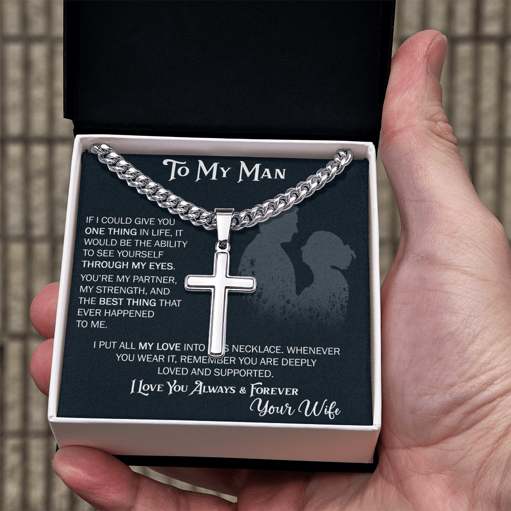 To My Husband Artisan Cross with Cuban Link Chain From Wife – Valentines Day Gifts for Her with Heartfelt Message Card, Premium Gold-Plated Wife Jewelry in Elegant Box