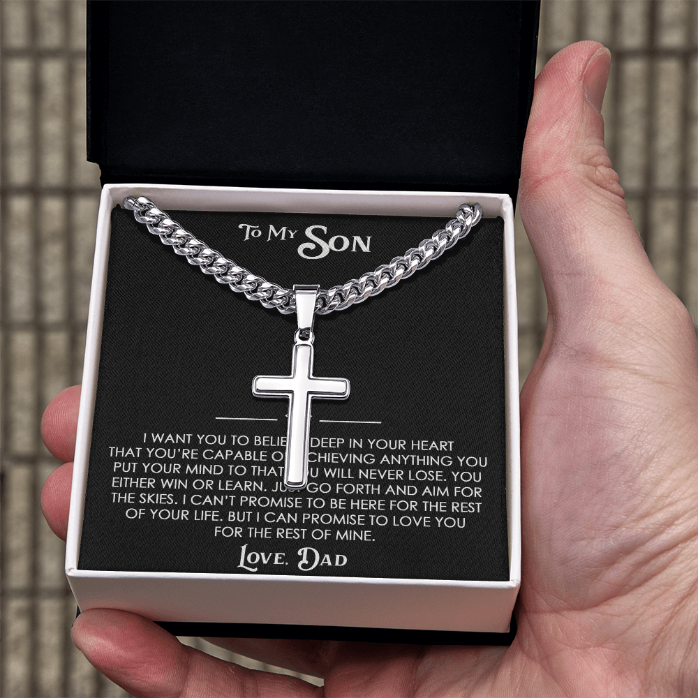 To My Son Gift From Dad - Artisan Cross with Cuban Link Chain For Children, Faith Gift for any Occasion