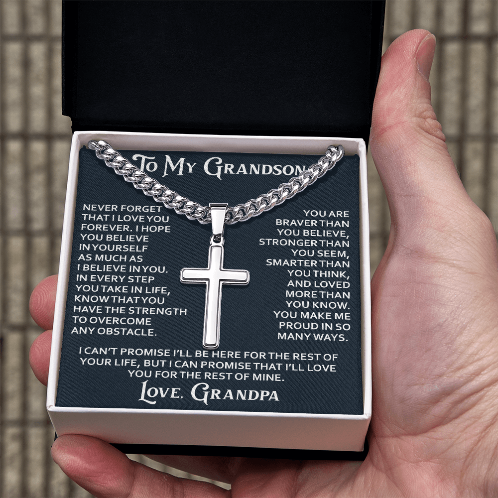 To My Grandson Artisan Cross with Cuban Link Chain - Christian Faith Gift From Grandpa Inspirational Jewelry