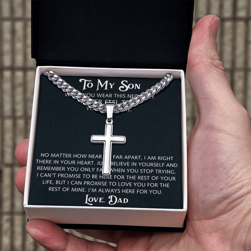 To My Son Artisan Cross with Cuban Link Chain from Dad Father, Christian Faith Religious Gift For Birthday, X-mas or Special Occasion