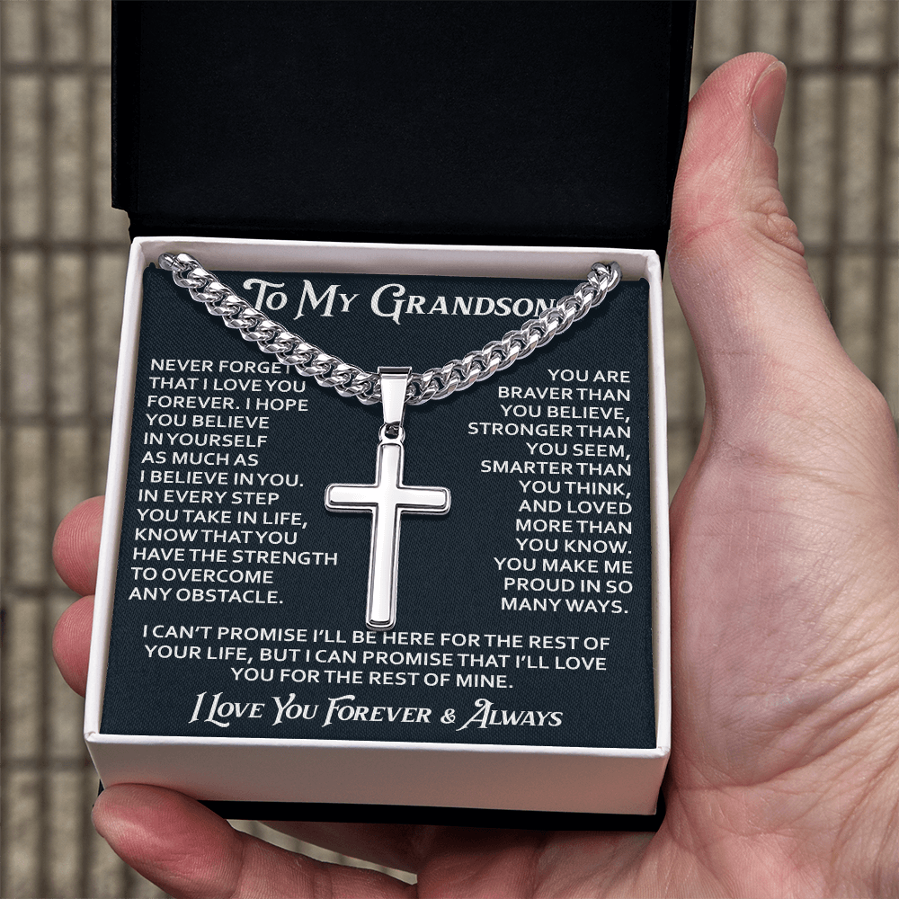 To My Grandson Artisan Cross with Cuban Link Chain - Christian Faith Gifts From Grandpa Inspirational Jewelry