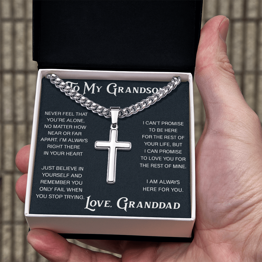 To My Grandson Artisan Cross with Cuban Link Chain - Christian Faith Gift From Granddad Inspirational Jewelry