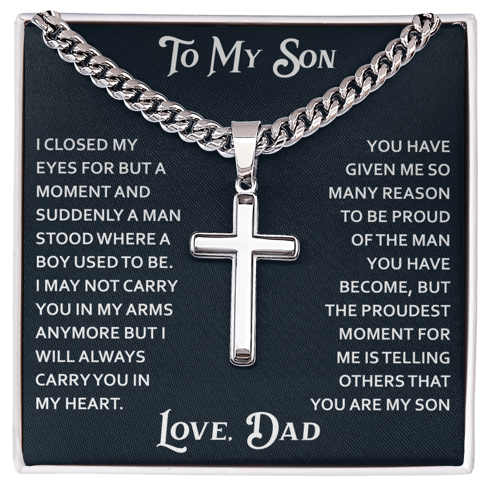 To My Son Artisan Cross with Cuban Link Chain for Birthday Back to School Christmas Gift from Dad Father Heartfelt Jewelry Present
