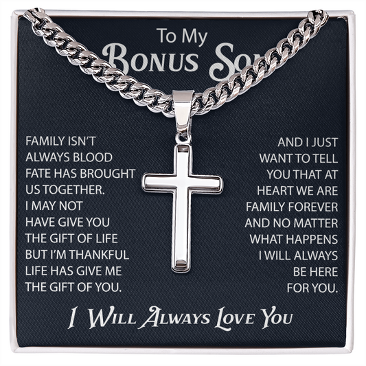 Gift For Bonus Son Cuban Chain with Artisan Cross Necklace From Mom Dad, Bonus Son Necklaces Gift