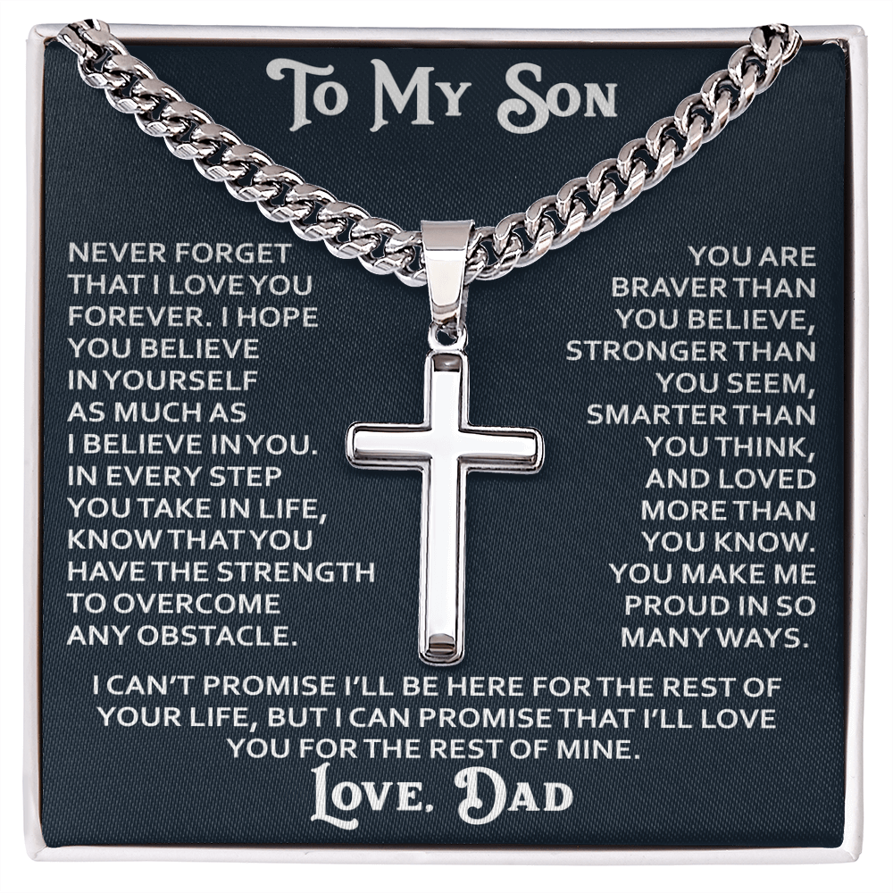 To My Son Artisan Cross with Cuban Link Chain - Birthday Gift from Dad Father Heartfelt Jewelry
