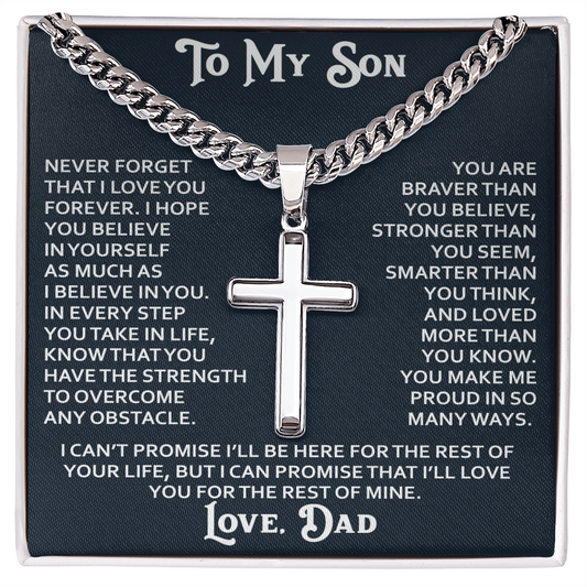 To My Son Artisan Cross with Cuban Link Chain - Birthday Gift from Dad Father Heartfelt Jewelry
