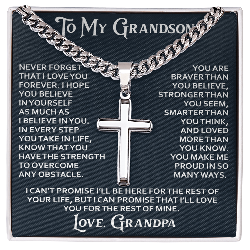 To My Grandson Artisan Cross with Cuban Link Chain - Christian Faith Gift From Grandpa Inspirational Jewelry