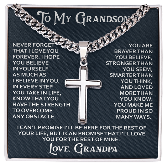 To My Grandson Artisan Cross with Cuban Link Chain - Christian Faith Gift From Grandpa Inspirational Jewelry