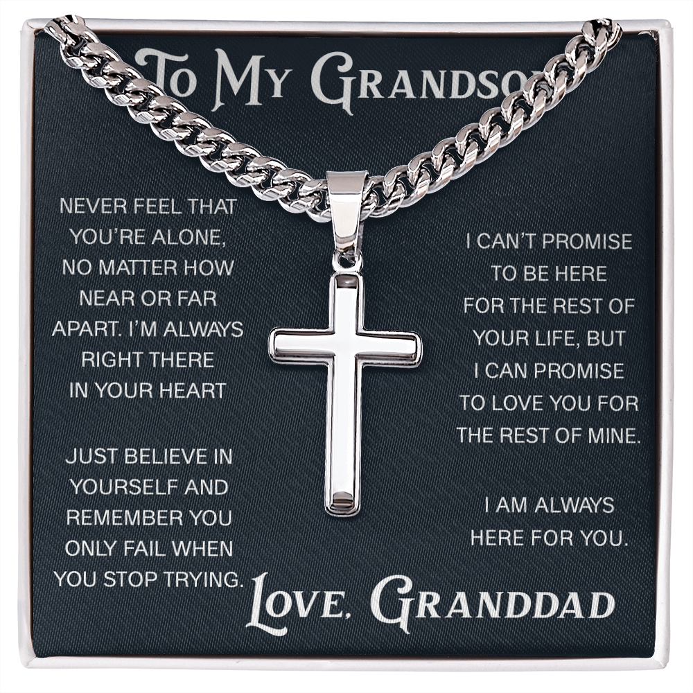 To My Grandson Artisan Cross with Cuban Link Chain - Christian Faith Gift From Granddad Inspirational Jewelry