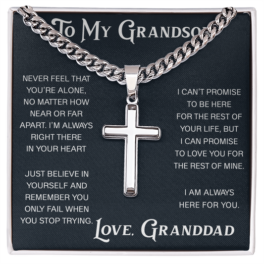To My Grandson Artisan Cross with Cuban Link Chain - Christian Faith Gift From Granddad Inspirational Jewelry