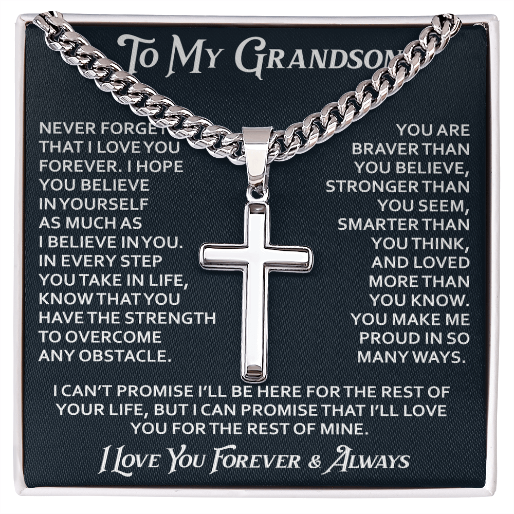 To My Grandson Artisan Cross with Cuban Link Chain - Christian Faith Gifts From Grandpa Inspirational Jewelry