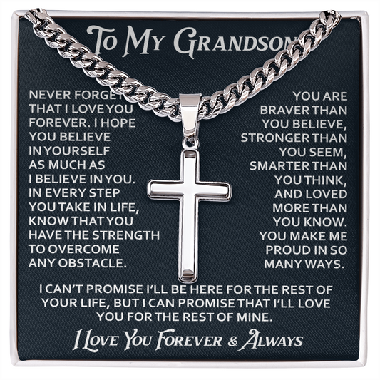 To My Grandson Artisan Cross with Cuban Link Chain - Christian Faith Gifts From Grandpa Inspirational Jewelry