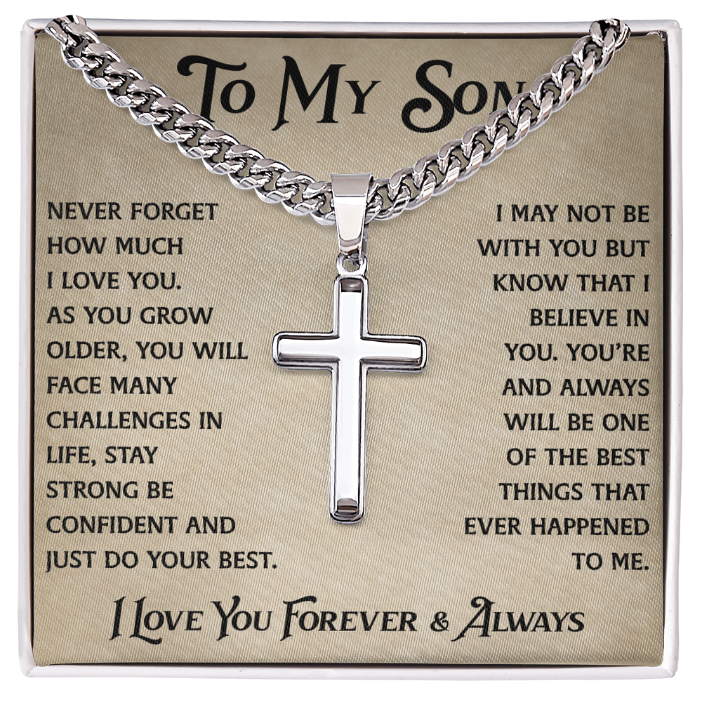 To My Son Artisan Cross with Cuban Link Chain - Heartfelt Jewelry Gifts from Dad Father for Birthday Back to School or Special Occasion