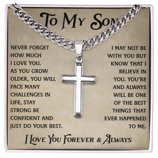To My Son Artisan Cross with Cuban Link Chain - Heartfelt Jewelry Gifts from Dad Father for Birthday Back to School or Special Occasion