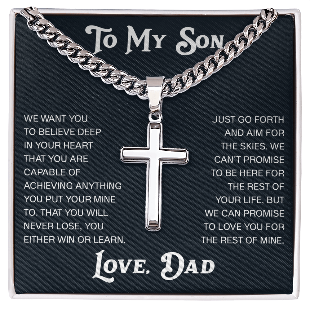 To My Son Artisan Cross with Cuban Link Chain Gift from Dad Father -  Unique Present for Graduation, Birthday, Christmas or any Special Occasion