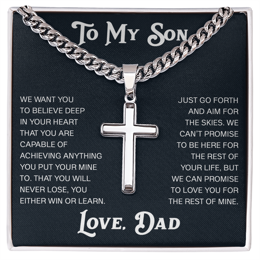 To My Son Artisan Cross with Cuban Link Chain Gift from Dad Father -  Unique Present for Graduation, Birthday, Christmas or any Special Occasion