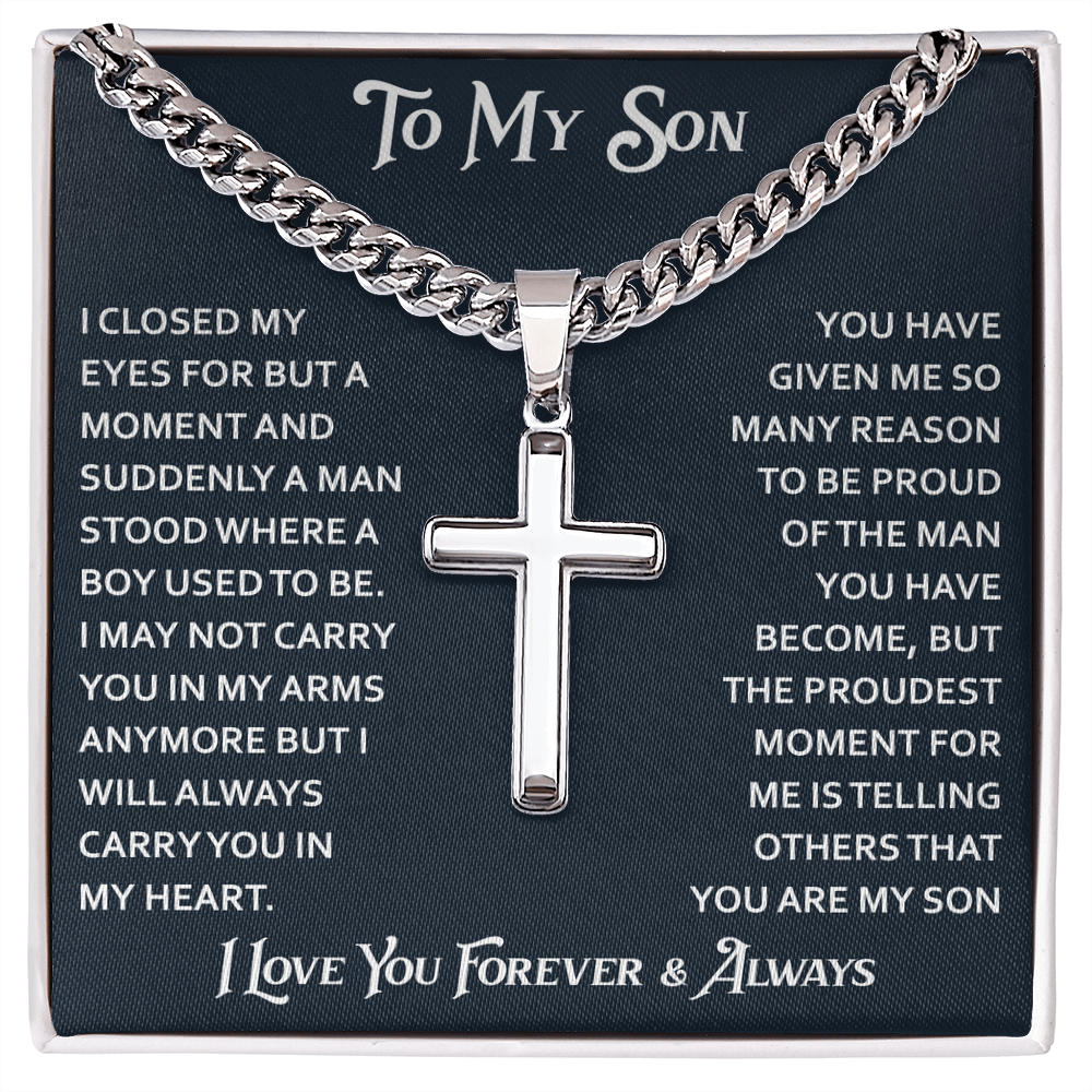 To My Son Artisan Cross with Cuban Link Chain - Birthday Gift from Dad Father Heartfelt Jewelry Gifts