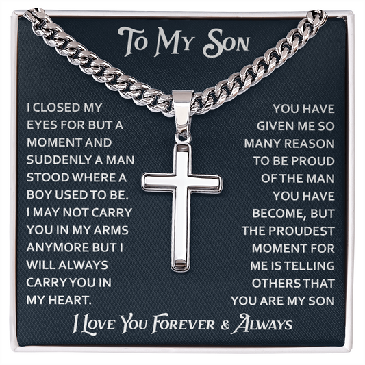 To My Son Artisan Cross with Cuban Link Chain - Birthday Gift from Dad Father Heartfelt Jewelry Gifts