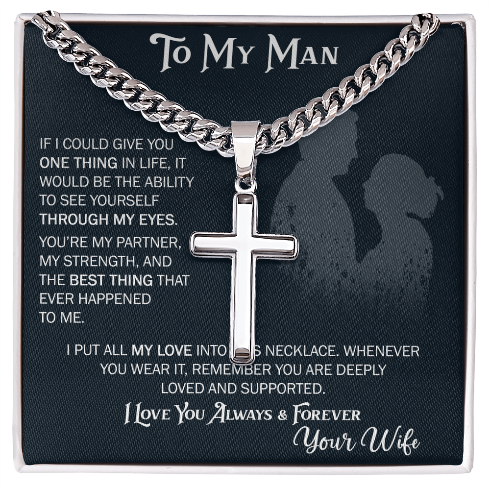 To My Husband Artisan Cross with Cuban Link Chain From Wife – Valentines Day Gifts for Her with Heartfelt Message Card, Premium Gold-Plated Wife Jewelry in Elegant Box