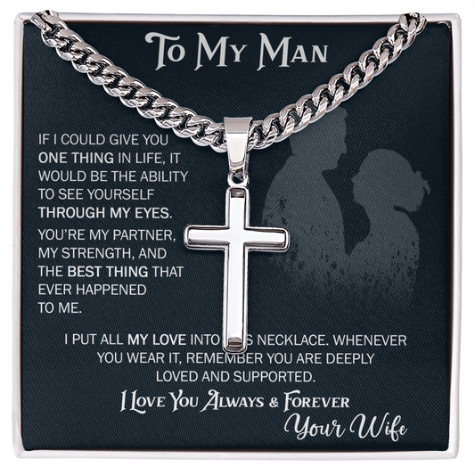 To My Husband Artisan Cross with Cuban Link Chain From Wife – Valentines Day Gifts for Her with Heartfelt Message Card, Premium Gold-Plated Wife Jewelry in Elegant Box